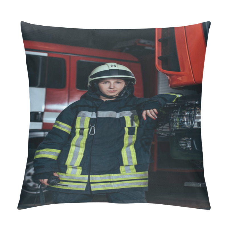 Personality  Portrait Of Female Firefighter In Protective Uniform With Portable Radio Set At Fire Department Pillow Covers