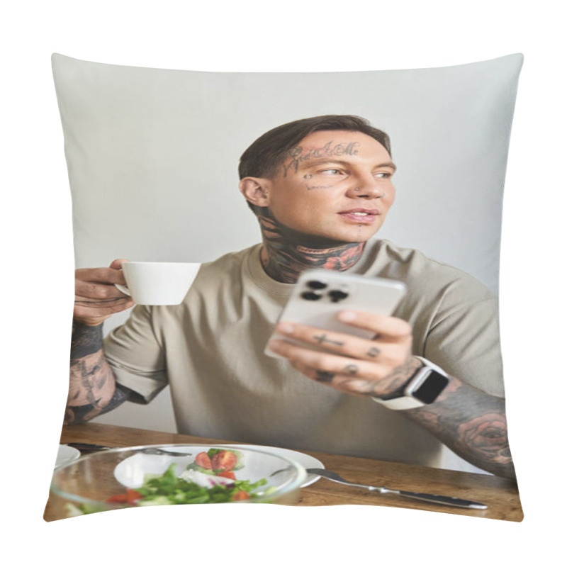 Personality  A Young Man Sips Coffee And Checks His Smartphone, Surrounded By A Fresh Salad At Home. Pillow Covers