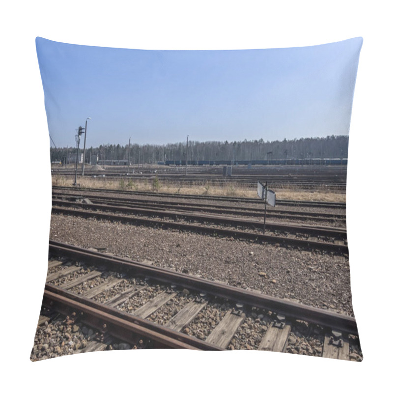 Personality  A Fragment Of The Railway Infrastructure In Tarnowskie Gory, A City In The North Of Upper Silesia With The Largest Railway Junction And A Hump In Poland, Wheel Sets For Wagons On Tracks. Pillow Covers