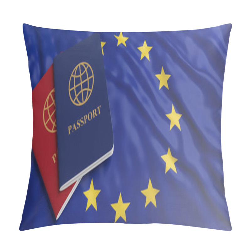 Personality  Travelling To EU, Immigration Or Tourism. Two Passports On European Union Flag Background, Banner, Copy Space. 3d Illustration Pillow Covers