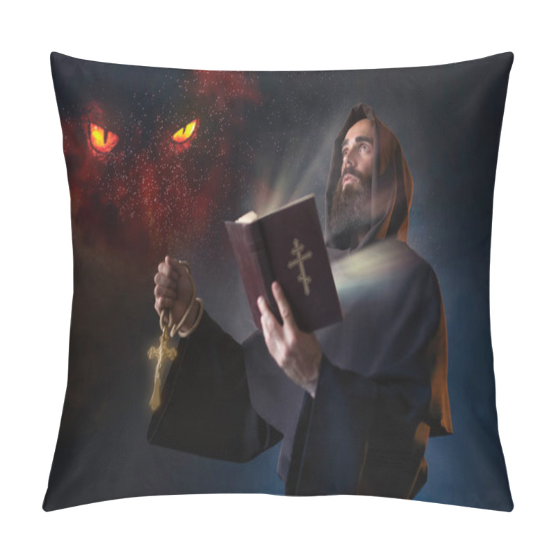 Personality  Medieval Monk With Spellbook Calling The Spirits, Secret Ritual. Mysterious Friar In Dark Cape. Mystery And Spirituality Pillow Covers