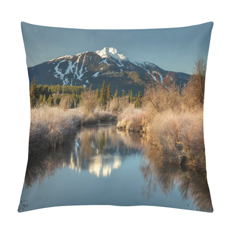 Personality  Serenity Of The River Of Golden Dreams On A Beautiful Spring Morning With The Reflection Of Whistler Mountain. The Sun Just Rose Over The Mountain And Started Illuminating The Slightly Frosted Banks Of The River. Whistler, British Columbia, Canada Pillow Covers