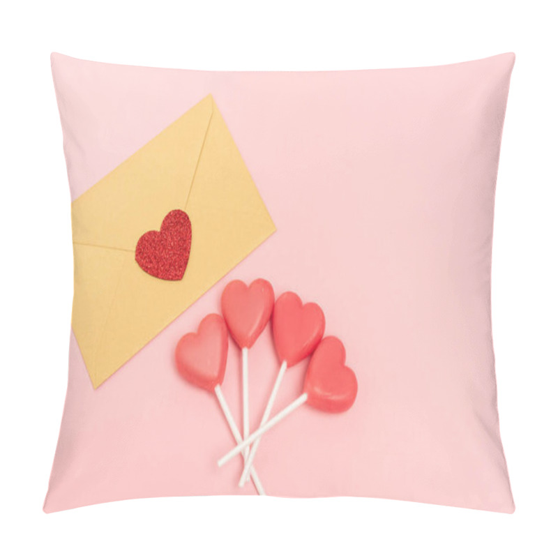 Personality  Top View Of Heart Shaped Lollipops And Envelope With Heart On Pink Background Pillow Covers