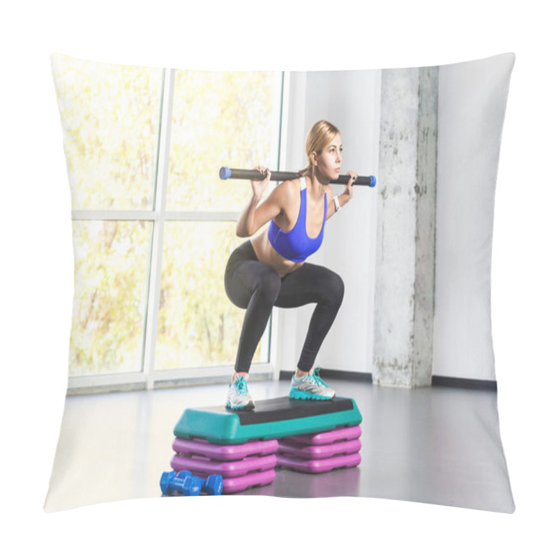 Personality  Blonde Woman Doing Squats On Step Platform With Barbell Bar  Pillow Covers