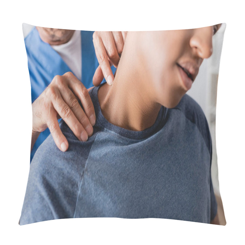 Personality  Cropped View Of Masseur Massaging Injured African American Patient In Clinic  Pillow Covers