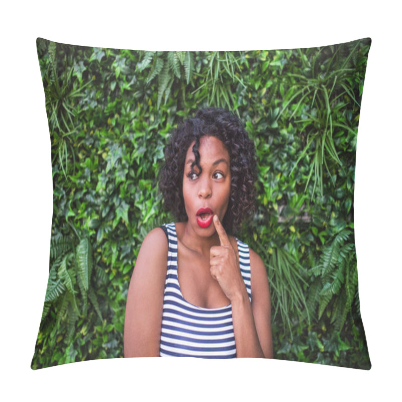 Personality  A Portrait Of A Black Woman Standing Against Green Background Of Bush Leaves. Pillow Covers