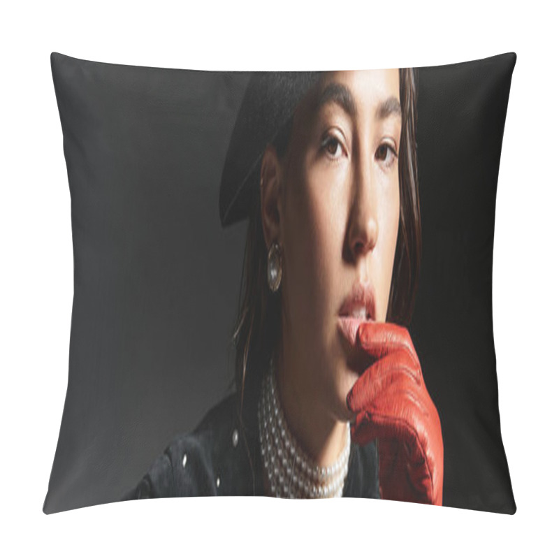 Personality  The Beautiful Woman Exudes Elegance While Elegantly Resting Her Chin On A Gloved Hand. Pillow Covers