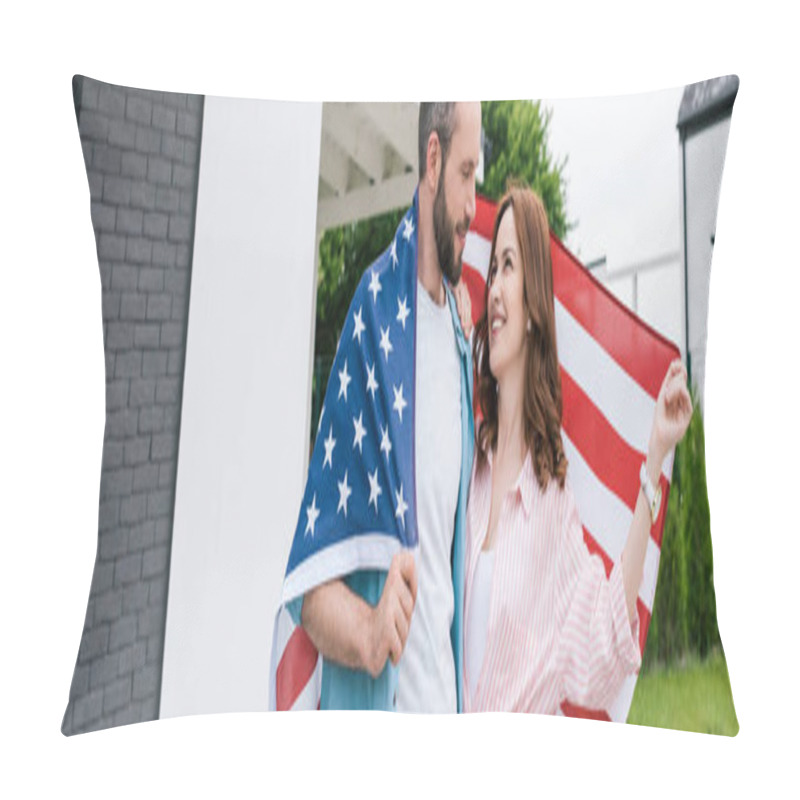 Personality  Panoramic Shot Of Happy Bearded Man Standing With Attractive Woman And Holding American Flag  Pillow Covers