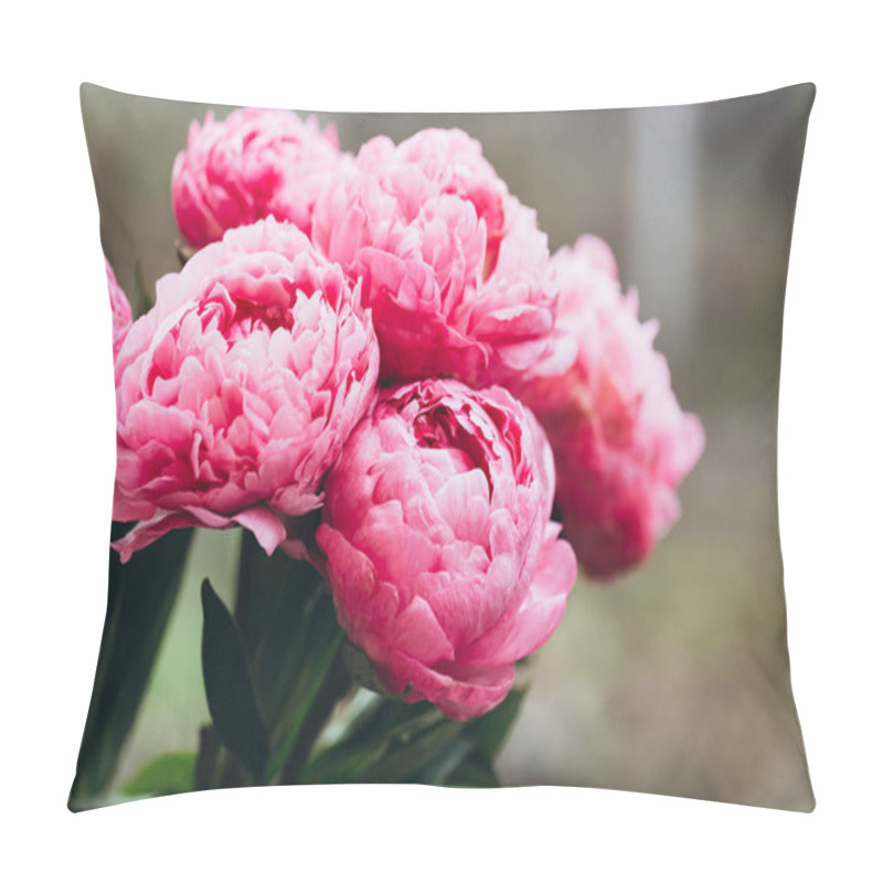 Personality  Pink Peony Flowers On A Blurred Background, Close-up. Peonies Blooming In The Garden, Macro Shot. Pillow Covers