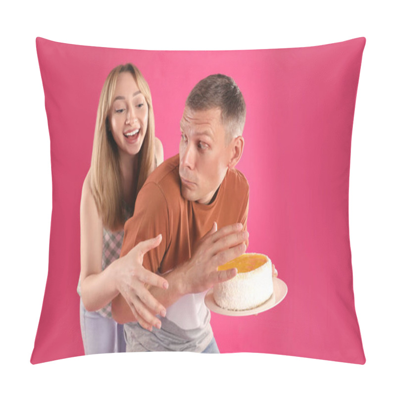 Personality  Greedy Man Hiding Tasty Cake From Woman On Pink Background Pillow Covers