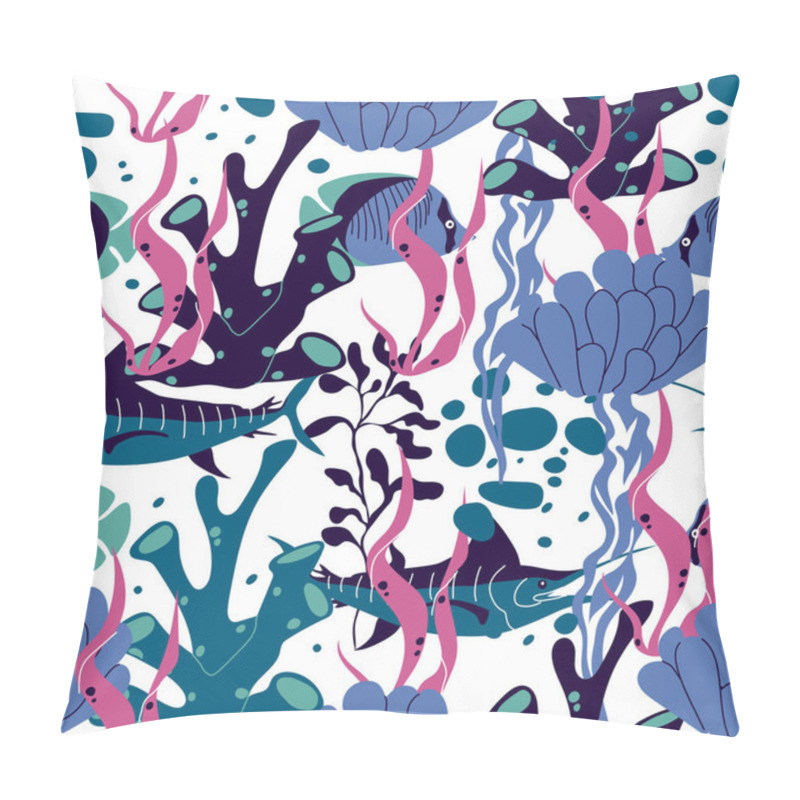 Personality  Underwater Creature And Marine Life With Fish And Sea Weeds Seamless Vector Pattern Pillow Covers