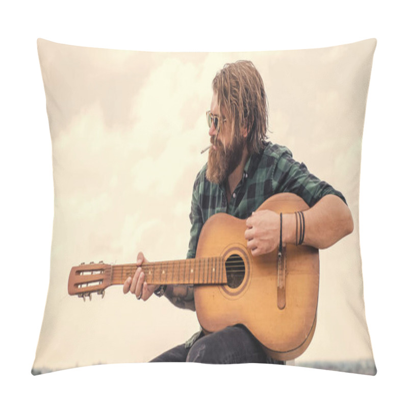 Personality  Brutal Caucasian Hipster With Beard In Shirt Play Acoustic Guitar, Singer Pillow Covers