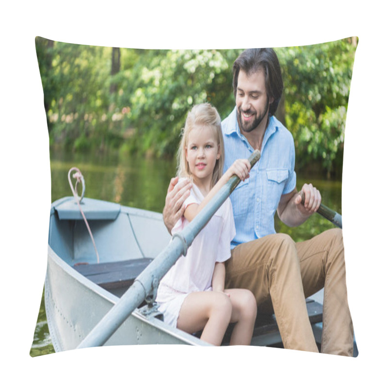 Personality  Happy Father And Daughter Riding Boat And Embracing On Lake At Park Pillow Covers