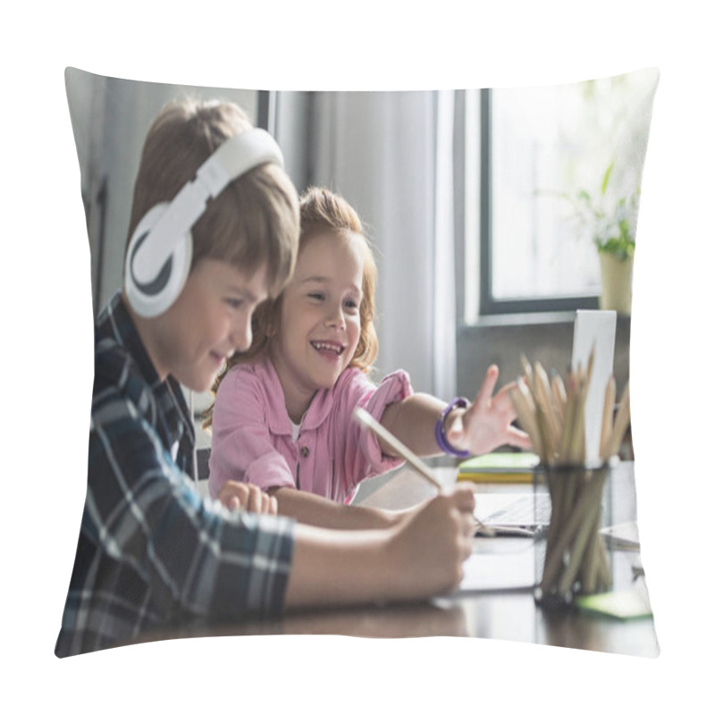 Personality  Side View Of Little Schoolboy Drawing While His Smiling Sister Trying To Reach For Pencils Pillow Covers