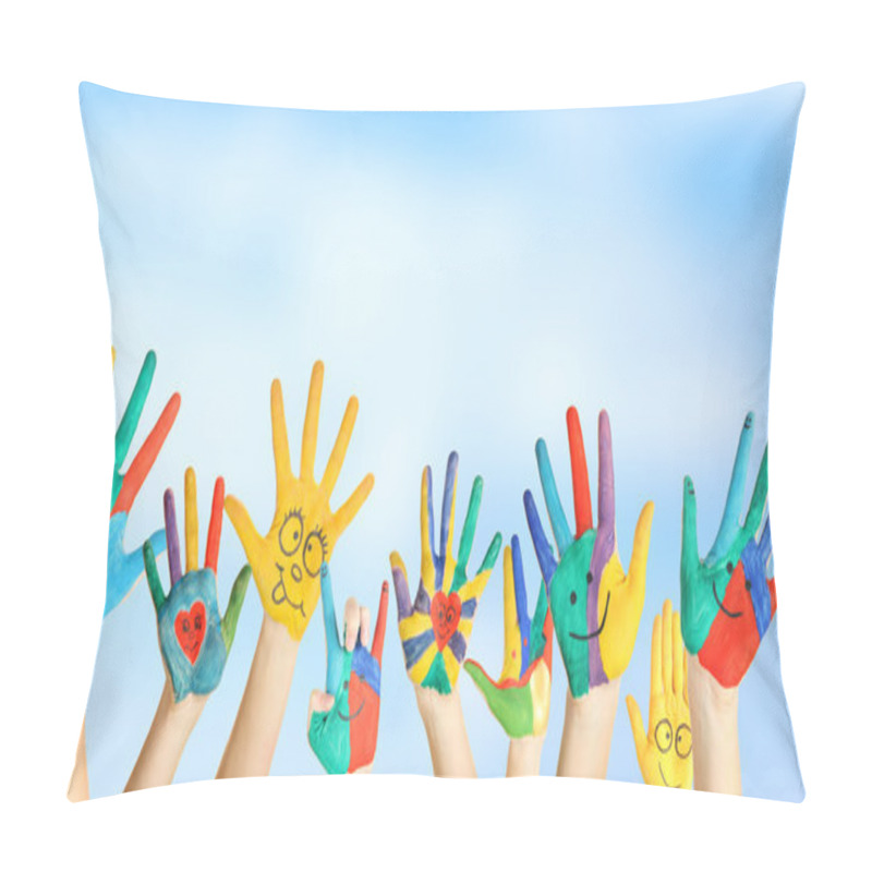 Personality  Painted Hands With Smile On Blue Background Pillow Covers