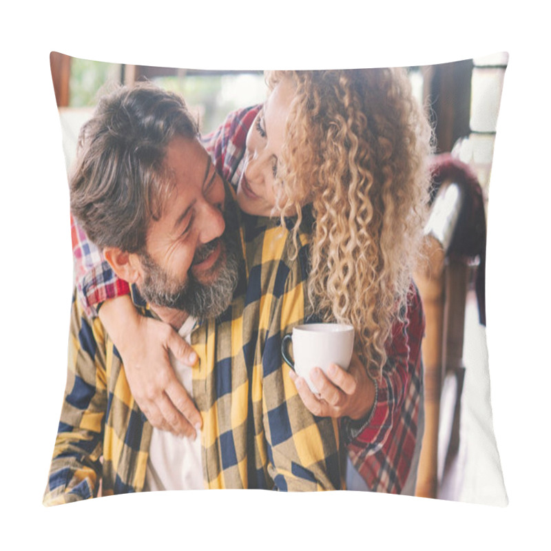 Personality  Man And Woman At Home Smile And Enjoy Love Relationship And Friendship Together. Pillow Covers