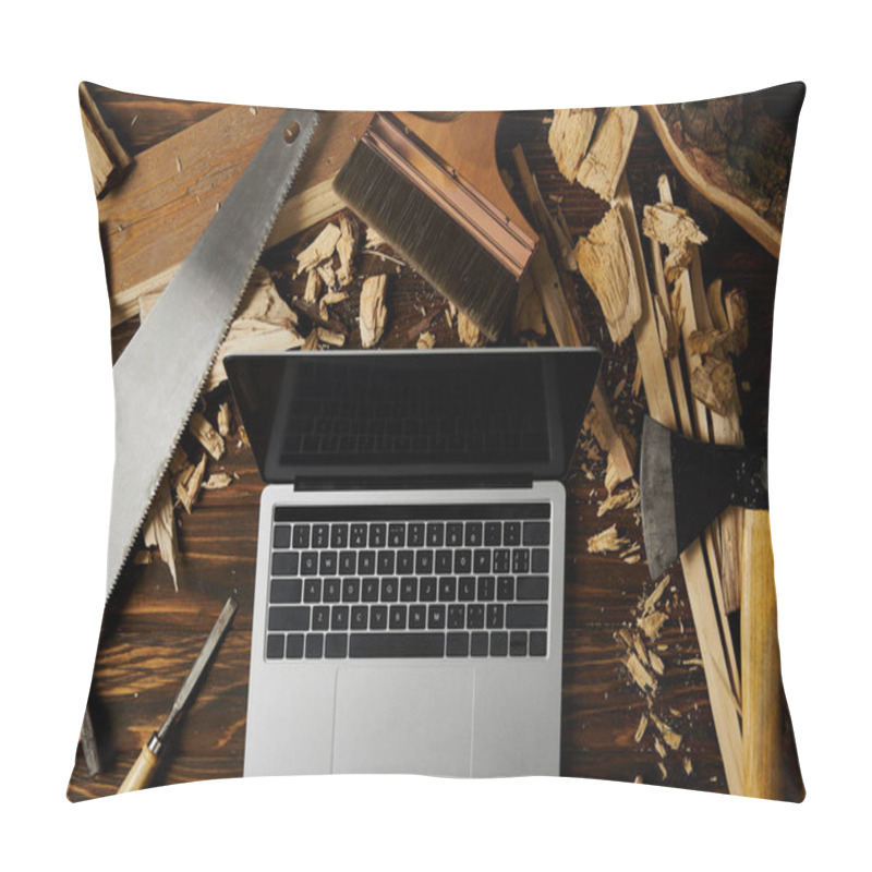 Personality  Laptop With Blank Screen Surrounded By Axe, Handsaw, Chisel, Paintbrush And Hammer On Wooden Table Pillow Covers