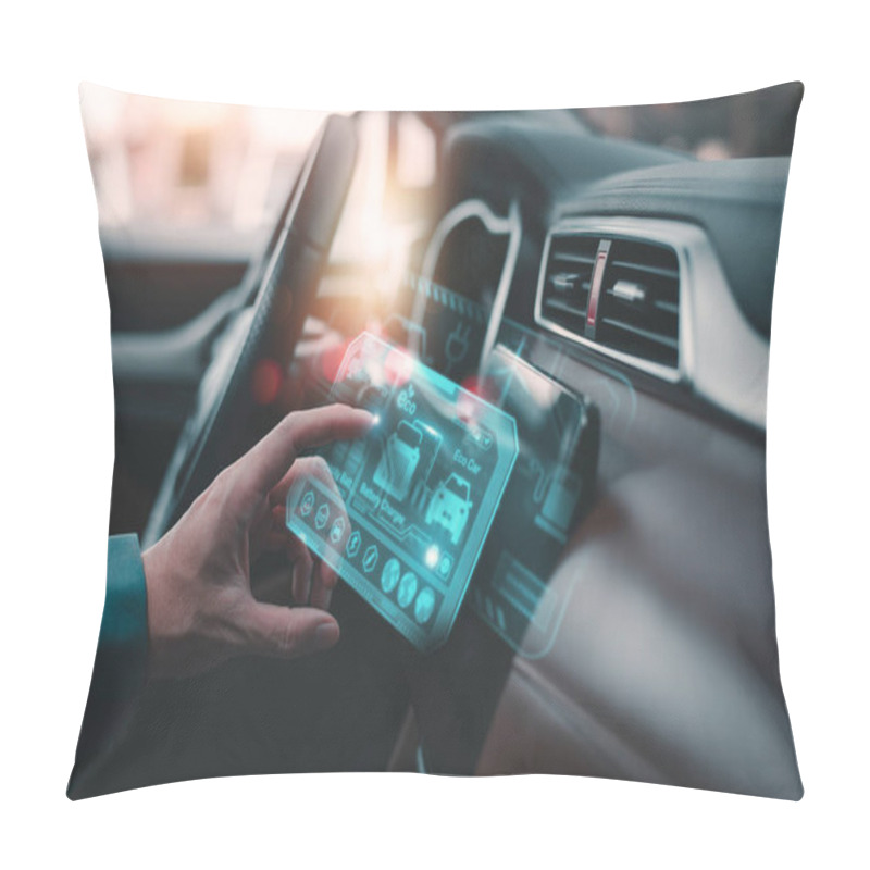 Personality  Close-up Of A Hand Using An Advanced Digital Touchscreen In A Modern Car, Showcasing Eco-friendly And Energy Management Features. Pillow Covers