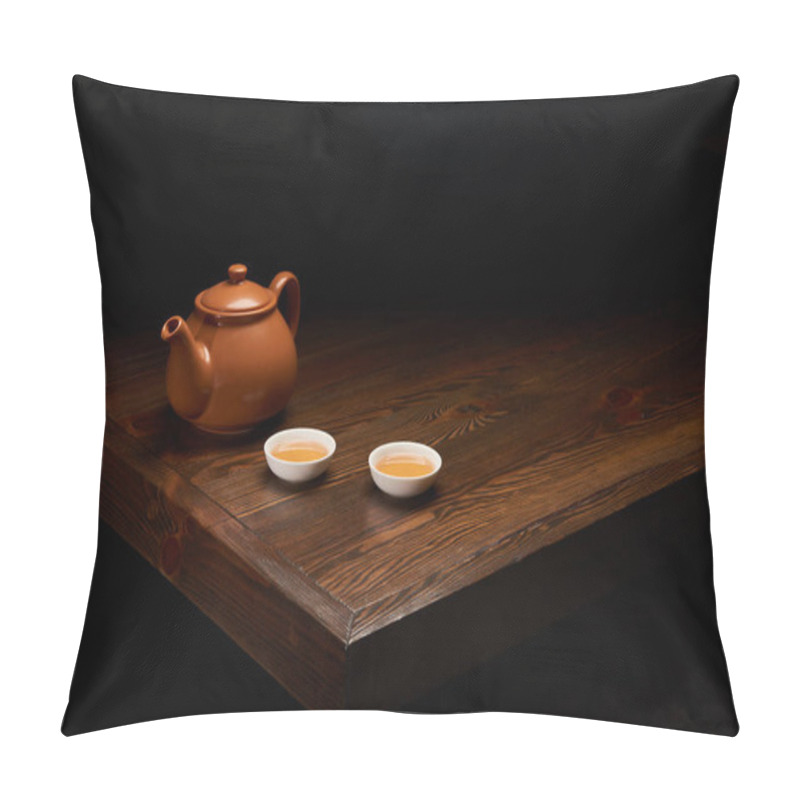 Personality  Pot With Traditional Chinese Tea And Cups On Wooden Table Isolated On Black Pillow Covers