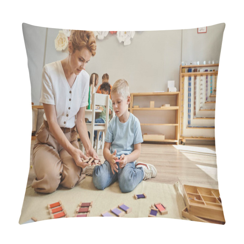 Personality  Montessori School, Female Teacher Sitting Near Blonde Boy And Showing Wooden Toys, Educational Game Pillow Covers