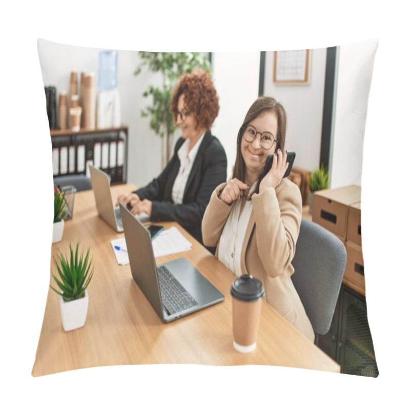 Personality  Group Of Two Women Working At The Office. Mature Woman And Down Syndrome Girl Working At Inclusive Teamwork. Pillow Covers