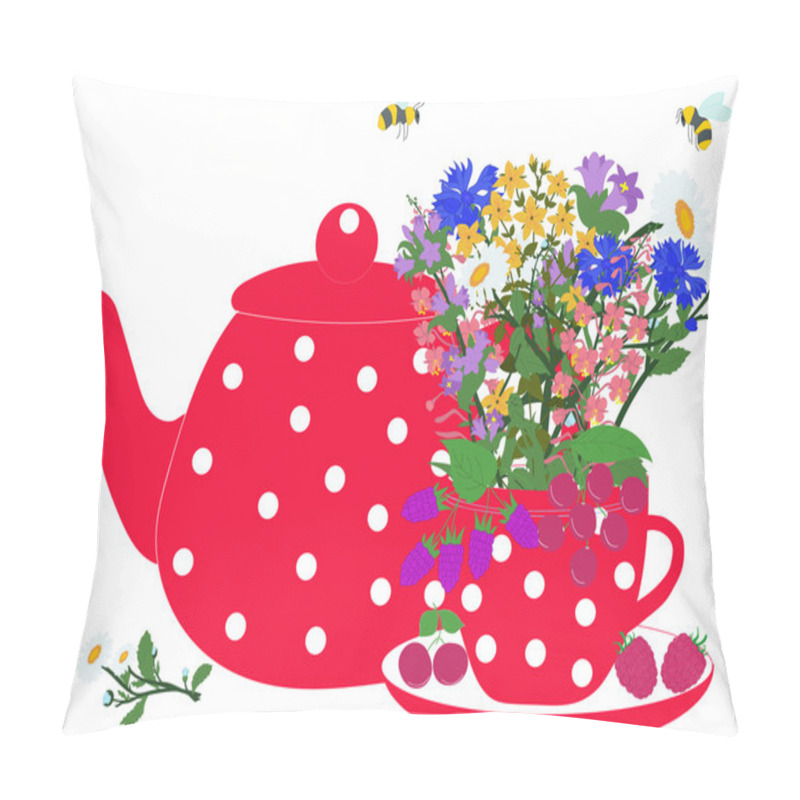 Personality  Red Teapot And Cup With Herbs And Berries Pillow Covers