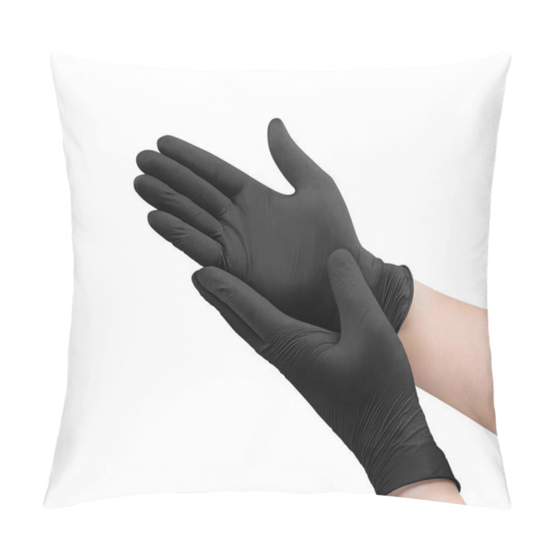 Personality  Two Black Surgical Medical Gloves Isolated On White Background With Hands. Rubber Glove Manufacturing, Human Hand Is Wearing A Latex Glove. Doctor Or Nurse Putting On Nitrile Protective Gloves Pillow Covers