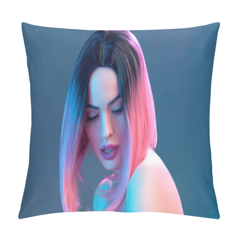 Personality  Beautiful Sensual Nude Woman In Pink Wig, Isolated On Blue Pillow Covers