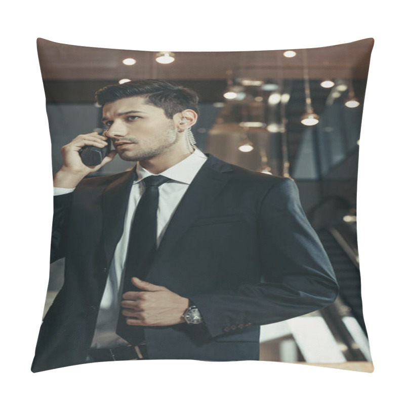 Personality  Handsome Security Guard Talking By Portable Radio In Business Center Pillow Covers