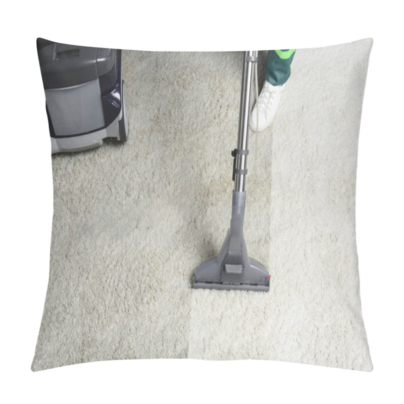 Personality  High Angle View Of Person Cleaning White Carpet With Professional Vacuum Cleaner  Pillow Covers