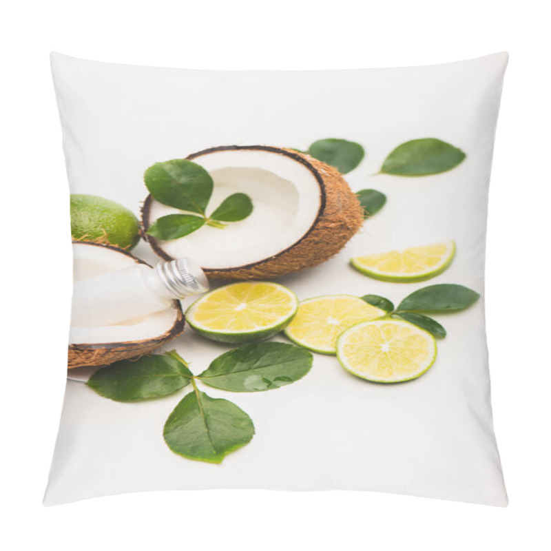 Personality  Coconut Halves With Bottle Of Milk Near Lime And Rose Leaves On White Background Pillow Covers