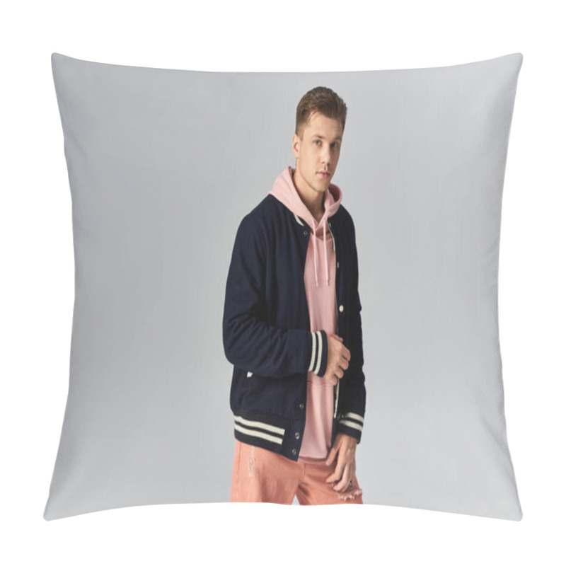 Personality  Young Man Poses Stylishly In A Casual Outfit Against A Simple Backdrop. Pillow Covers