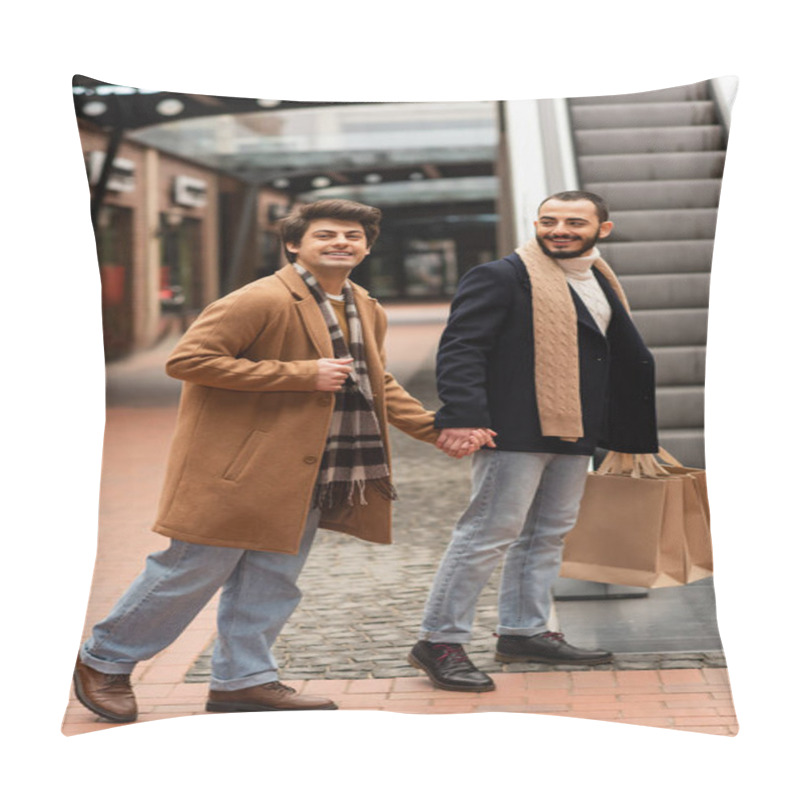 Personality  Gay Man In Beige Coat And Plaid Scarf Holding Hands With Smiling Bearded Boyfriend With Shopping Bags Near Escalator Pillow Covers