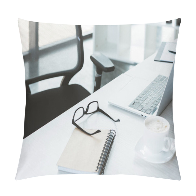 Personality  Close-up View Of Eyeglasses, Notebook, Cup Of Coffee And Laptop On Table In Office Pillow Covers