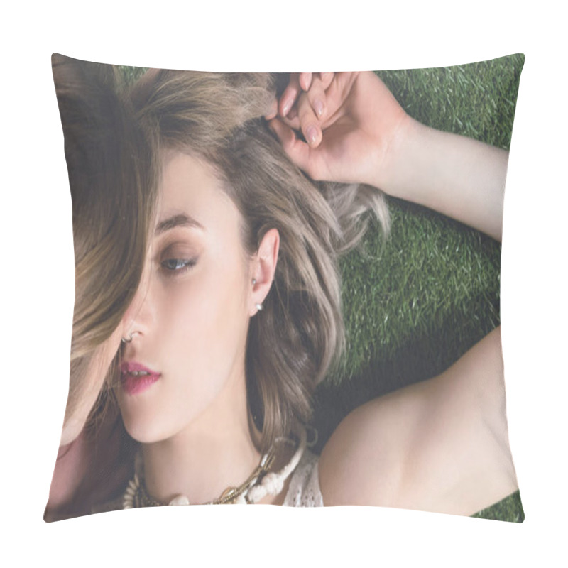 Personality  Lesbian Couple Kissing While Lying On Grass Pillow Covers