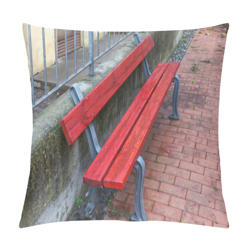 Personality  Old Garden Bench Made With Wooden Planks Painted Red And Metal Cast Frame On A Town Street In Overcast Day Pillow Covers