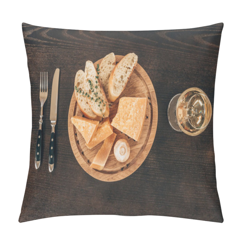 Personality  Top View Of Parmesan Cheese With Baguette Slices On Wooden Board Pillow Covers