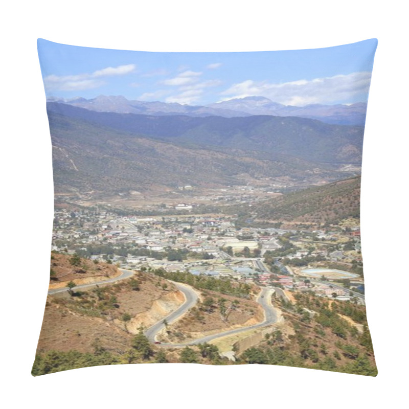 Personality  Winding Or Curved Asphalt Road On The Hill With View Of Thimphu City,  Bhutan Pillow Covers