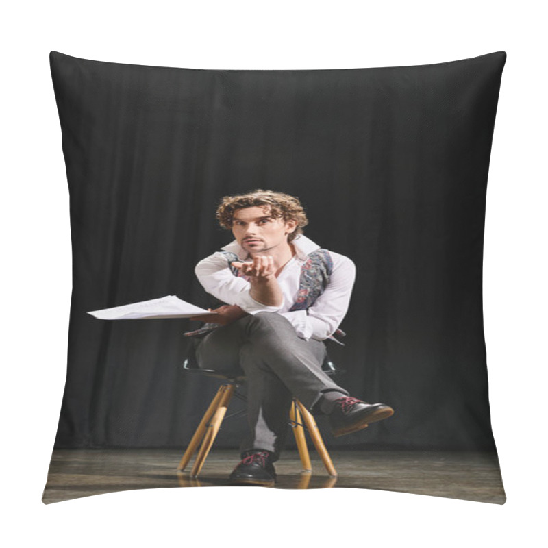 Personality  A Man Sitting On A Chair, Deep In Thought, Holding A Piece Of Paper. Pillow Covers