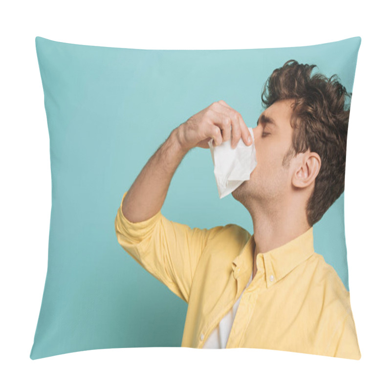 Personality  Man Blowing Out Nose With Napkins On Blue Pillow Covers