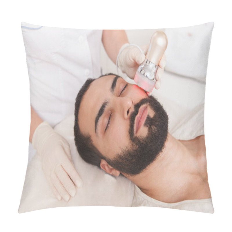 Personality  Close Up Of A Male Client Relaxing During Rf-lifting Facial At Beauty Salon Pillow Covers