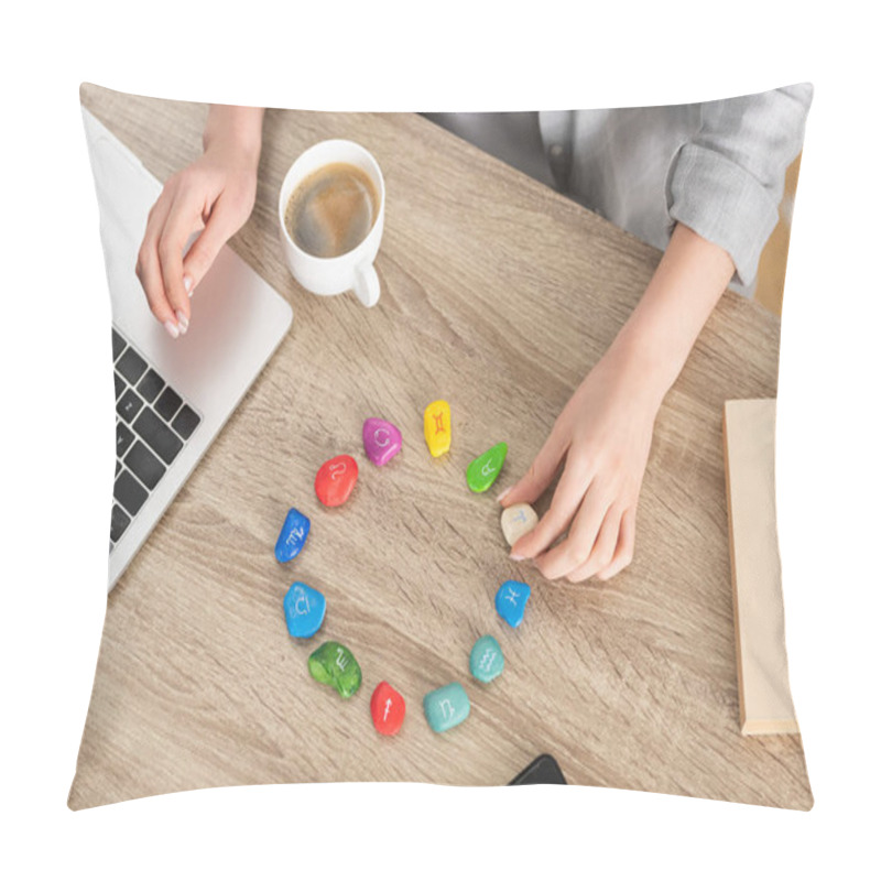 Personality  Top View Of Astrologer Using Stones With Zodiac Sign And Laptop Beside Coffee On Table, Cropped View Pillow Covers