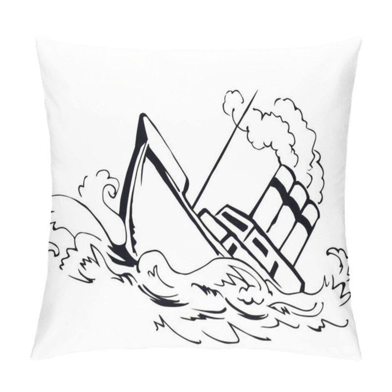 Personality  Ancient Wood Rusty Big Frigate Bottom Mast Remain On White Sky Text Space. Outline Black Hand Drawn Deep Maritime Sink Wind Problem Galleon Logo Sign Icon Sketch In Art Retro Doodle Cartoon Line Style Pillow Covers