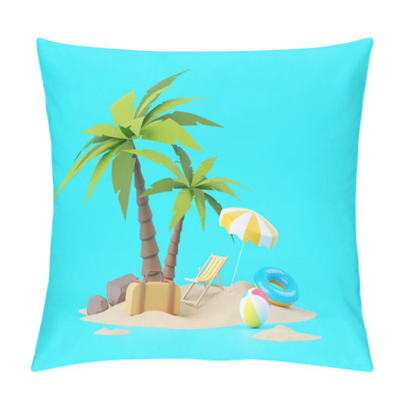 Personality  Summer Vacation Beach Abstract Background Concept, Minimal Realistic Display Podium For Product Mock-up Or Cosmetics With Summer Theme, Beach Umbrella, Sand, Chairs, Inflatable Ring. 3d Rendering Pillow Covers