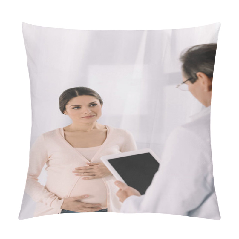 Personality  Pregnant Woman Touching Belly And Doctor Holding Tablet Pillow Covers