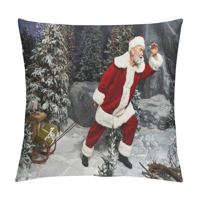 Personality  A Joyful Santa Claus Navigates Through A Snowy Forest While Pulling A Sled Full Of Presents. Pillow Covers