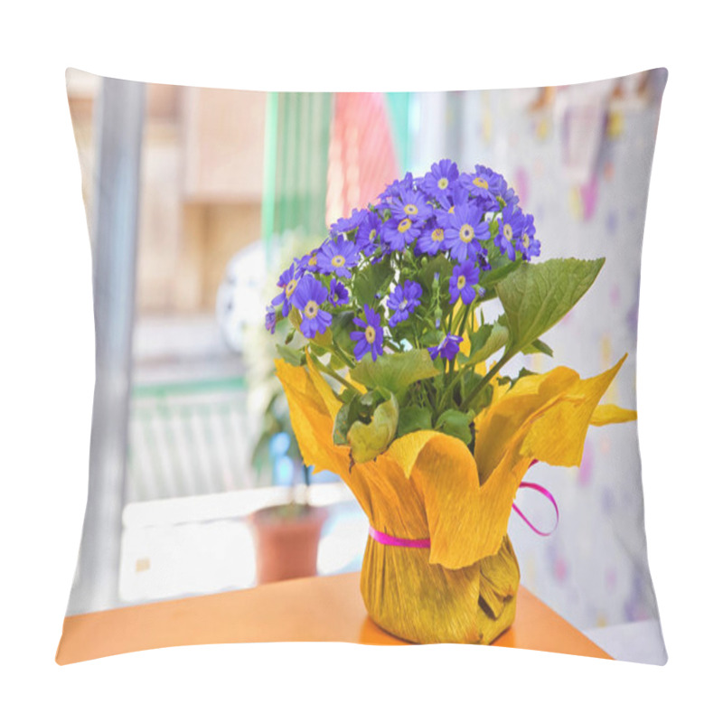 Personality  Blue Flowers In The Calyx, In The Yellow Pot . Blue Anemone Blanda Flower . Grecian Windflower . Bunch Of First Spring Flowers. Anemone Hepatica Blue Forest Flowers Background. Pillow Covers