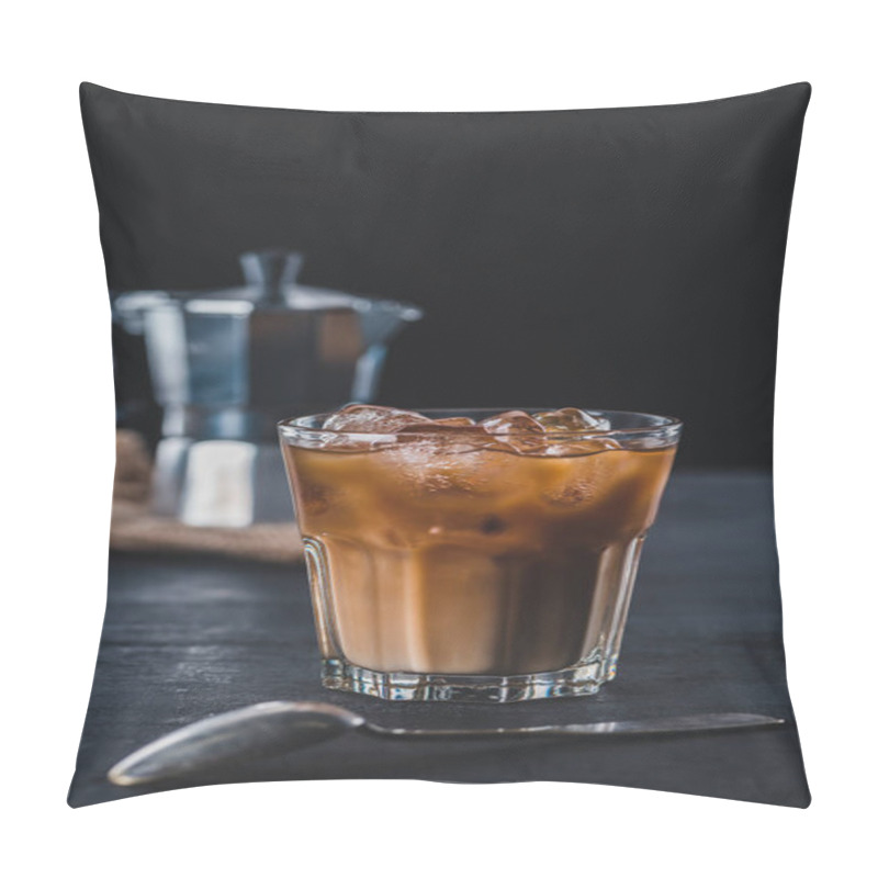 Personality  Selective Focus Of Glass Of Cold Iced Coffee And Coffee Maker On Tabletop On Dark Backdrop Pillow Covers