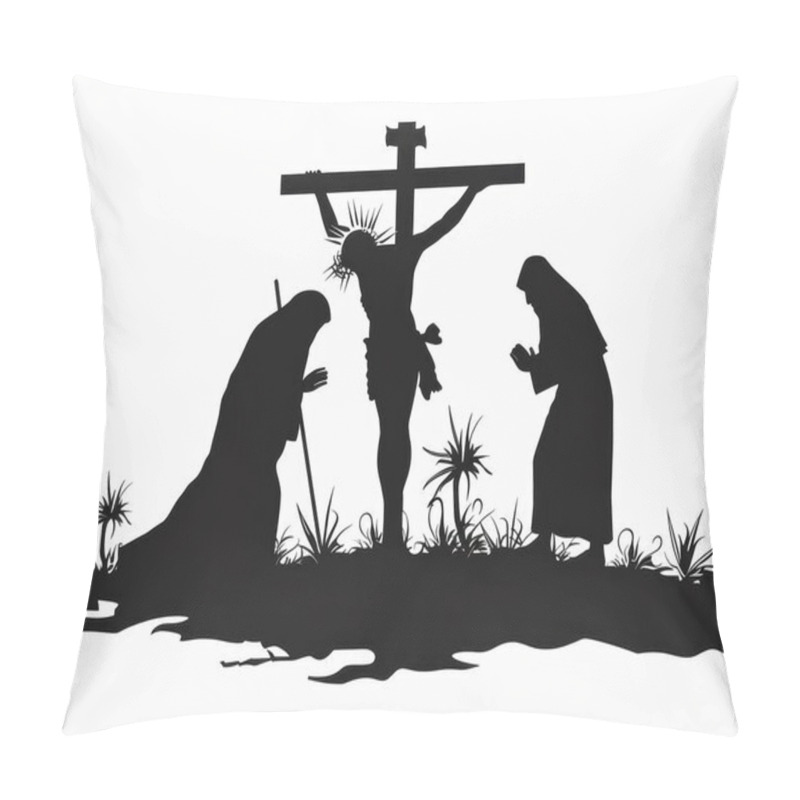 Personality  A Powerful Silhouette Depiction Of The Crucifixion, Featuring Christ On The Cross With Mourners At His Feet. Pillow Covers