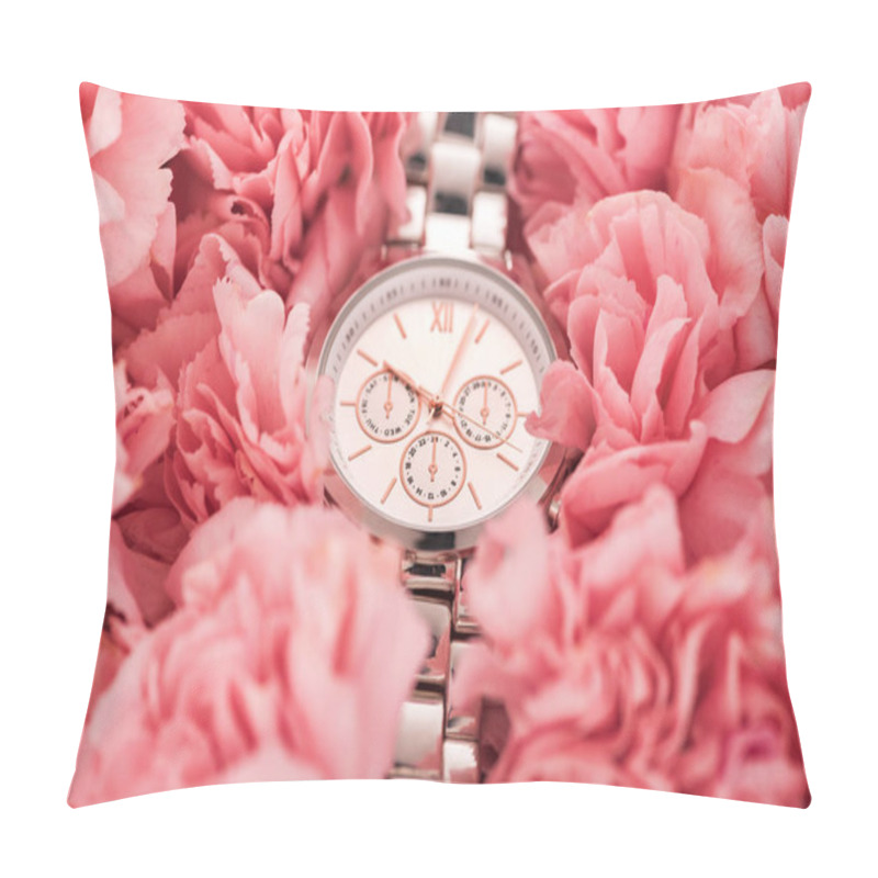 Personality  Elegant Wristwatch Lying On Blooming Pink Carnations Pillow Covers